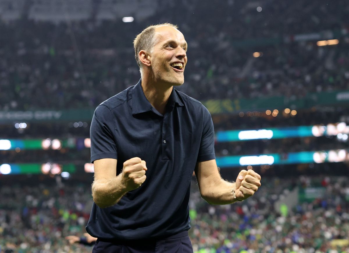 Thomas Tuchel celebrates after the team's 3-2 victory during the FIFA World Cup 2026 Round of 16 match between Mexico and England.
