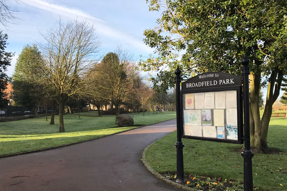 A general view of Broadfield Park with the sign visible