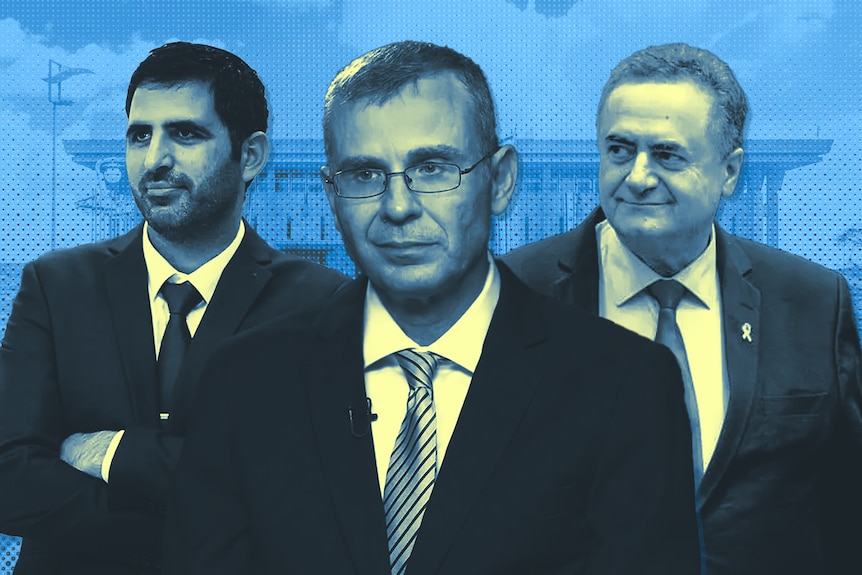 A graphic image depicting three Israeli politicians. 