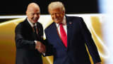 President Donald Trump on stage with FIFA President Gianni Infantino during the FIFA World Cup 2026 draw at the John F. Kennedy Center for the Performing Arts, in Washington, Dec. 5, 2025.