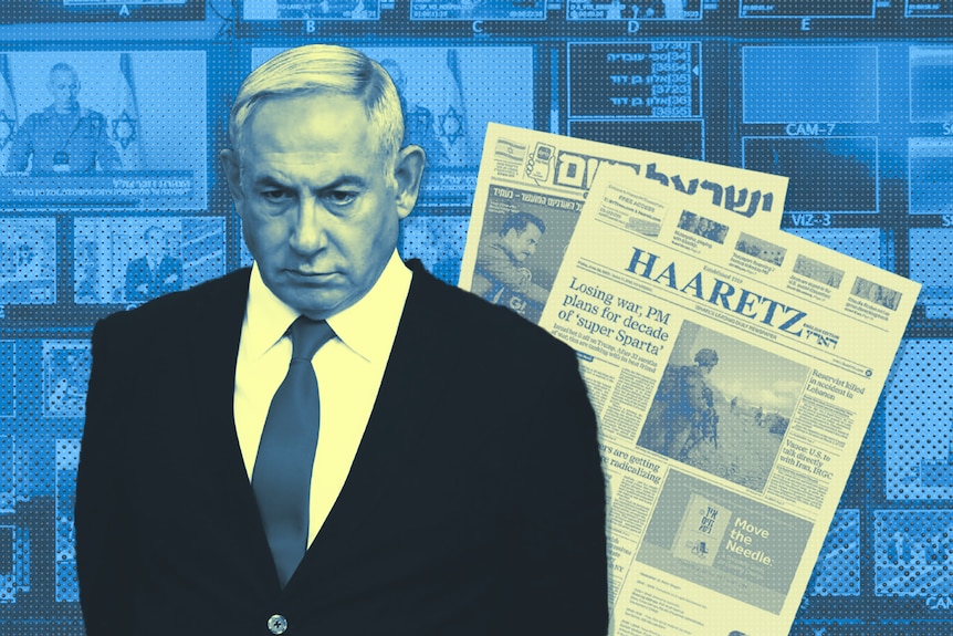 A graphic image of Benjamin Netanyahu looking stern in front of a backdrop of newspapers and TV channels.