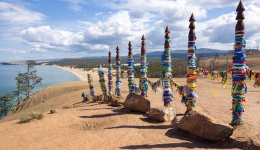 Shamanic poles on the shore of Lake Baikal in Siberia.
