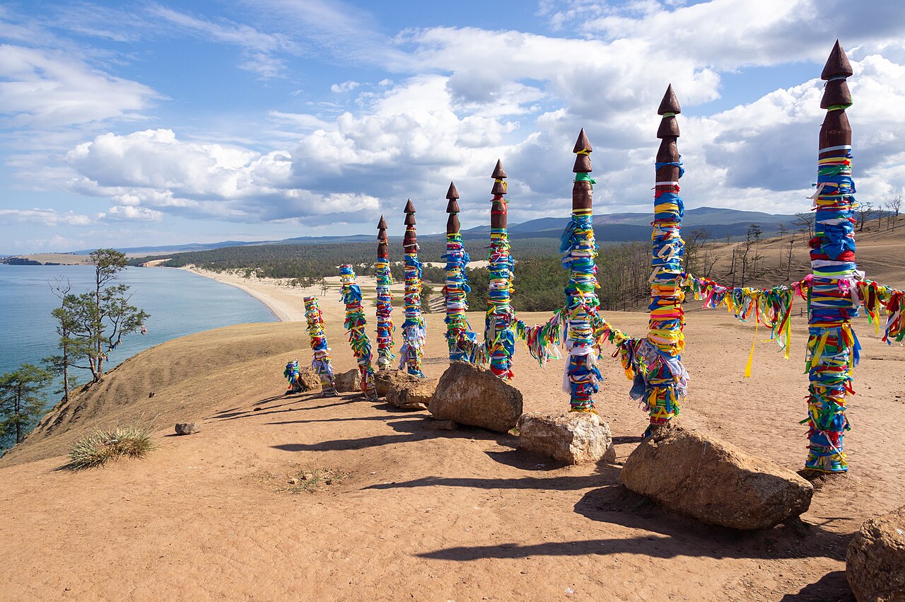 Shamanic poles on the shore of Lake Baikal in Siberia.