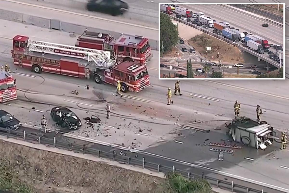 Horrifying footage shows chaos moments after massive pile up on 210 Freeway