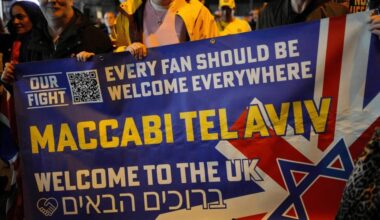 A banner is held by pro-Israel fans outside Villa Park, home of the U.K. team Aston Villa, before its UEFA Europa League match against Israel, Nov. 6, 2025.