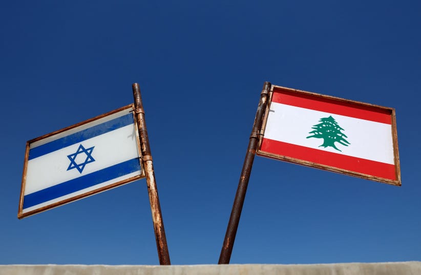 Representations of the Israeli and Lebanese flags at a memorial near the Israel-Lebanon border, outside Metula, Israel, after Israel and Lebanon signed a framework agreement following US-mediated talks, June 27, 2026.