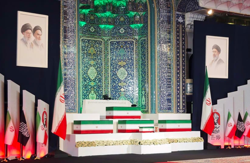 Coffins are displayed containing the late Iranian Supreme Leader, Ayatollah Ali Khamenei, and his family at Imam Khomeini Grand Mosque on July 3, 2026 in Tehran, Iran.