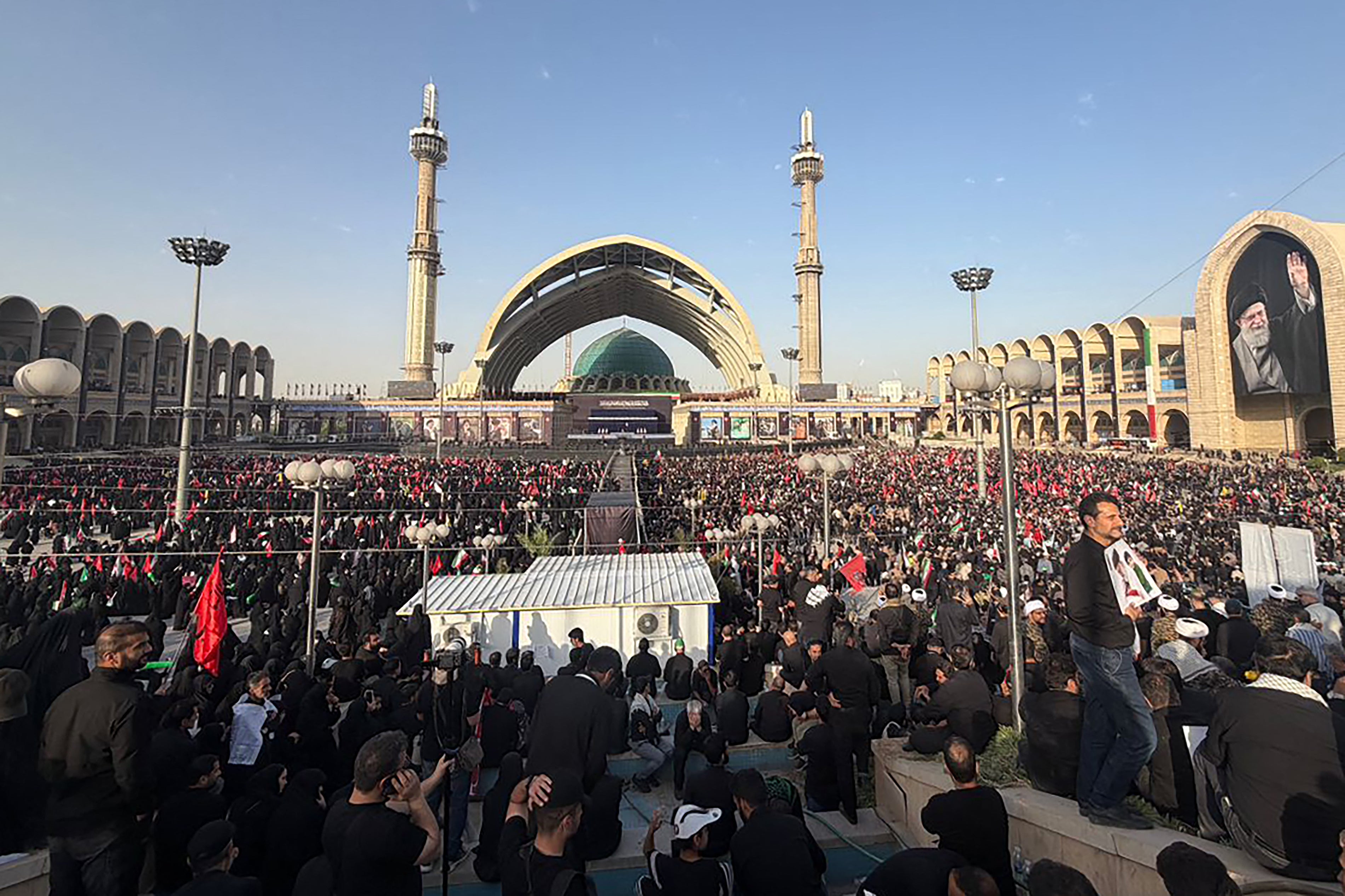 Mourners gather at the Grand Mosalla to pay their final respects to Iran's slain supreme leader Ayatollah Ali Khamenei at the start of his funeral ceremonies