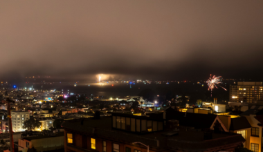 A cityscape at night includes fireworks bursting over a body of water, with buildings illuminated and a cloudy sky overhead.