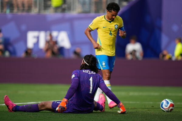 Brazil goalkeeper Alisson Becker reacts after Norway's Erling Haaland scored his second goal past him during the World Cup round of 16 soccer match between Brazil and Norway in East Rutherford, N.J., near New York, Sunday, July 5, 2026. (AP Photo/Frank Franklin II)