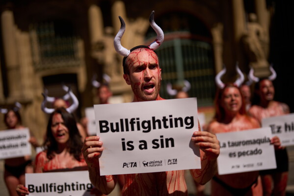 Animal rights activists participate in a protest against bullfighting ahead of the first running of the bulls during the San Fermin festival in Pamplona, northern Spain, Sunday, July 5, 2026. (AP Photo/Miguel Oses)