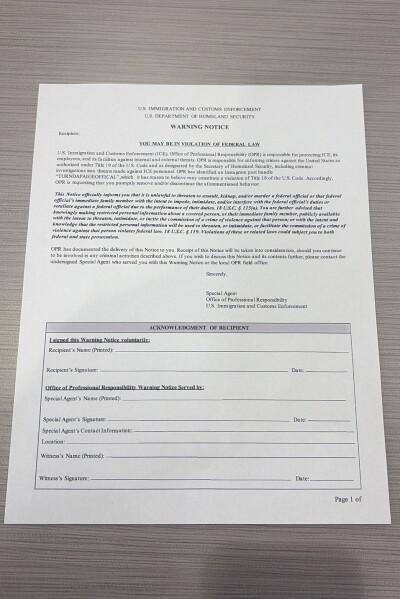 This photo provided by Paigelynne Gonyea shows a form she says she received from ICE officials on Tuesday, June 23, 2026, in Syracuse, N.Y. (Paigelynne Gonyea via AP)