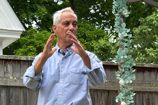 Rahm Emanuel speaks at a house party in Concord, N.H., Saturday, June 6, 2026. (AP Photo/Steven Sloan)