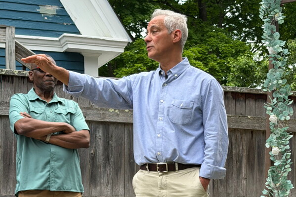 Rahm Emanuel speaks at a house party in Concord, N.H., Saturday, June 6, 2026. (AP Photo/Steven Sloan)