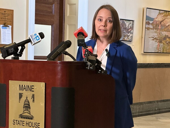 Maine Secretary of State Shenna Bellows speaks at a news conference, Oct. 6, 2025 at the Maine State House in Augusta. (AP Photo/Patrick Whittle, File)