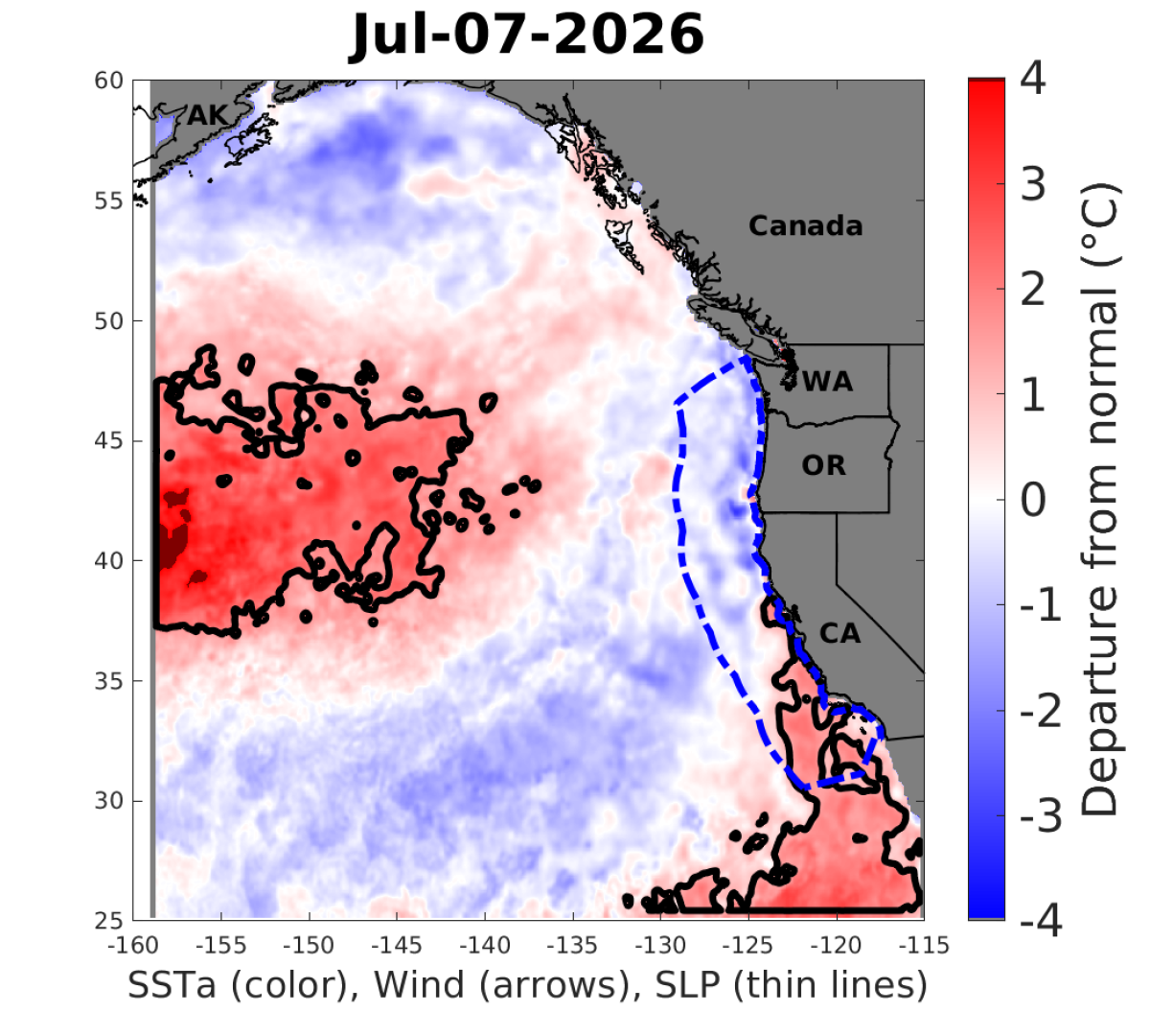 A marine heat wave in the ocean off the coast of Southern California and further west off Northern California and Oregon.