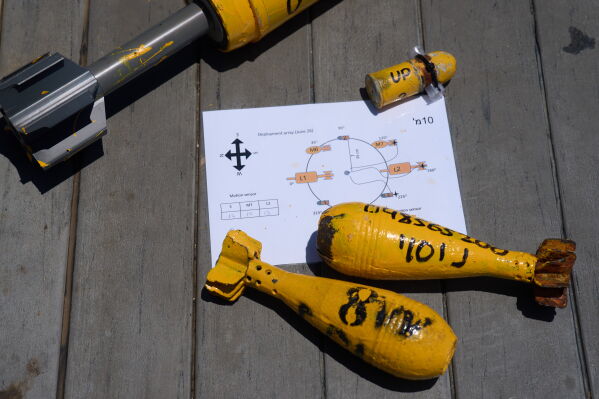Mock munitions, to be placed by divers on the floor of the Mediterranean Sea, are displayed off the coast of Rishon LeZion, Israel, Sunday, June 21, 2026. (AP Photo/Ariel Schalit)