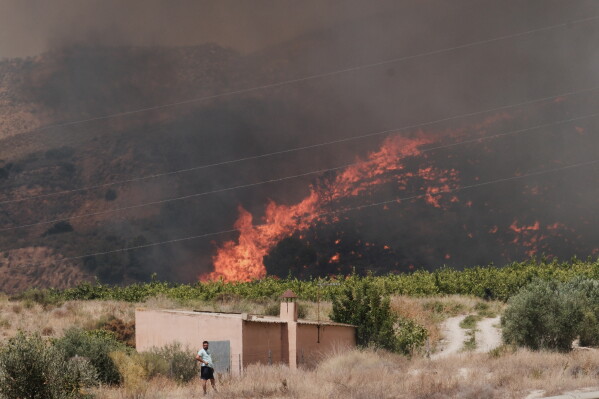 A wildfire rages in Alfajir, near Almeria in southeastern Spain, Friday, July 10, 2026. (AP Photo/Gregorio Marrero)