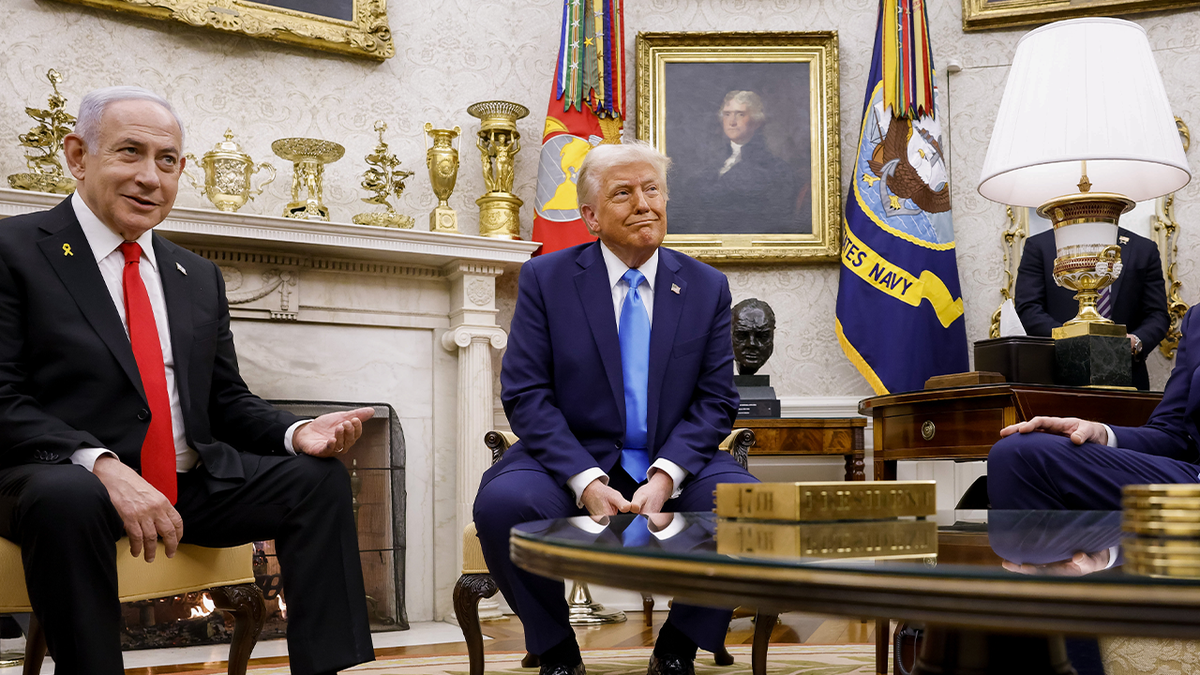 Benjamin Netanyahu, Israel's prime minister, from left, US President Donald Trump and US Vice President JD Vance during a bilateral meeting in the Oval Office of the White House in Washington, DC, US, on Tuesday, Feb. 4, 2025. Trump insisted Egypt and Jordan will take in Palestinians from the Gaza Strip, dismissing the countries' refusal to accept people from the war-shattered territory. Photographer: Shawn Thew/EPA/Bloomberg via Getty Images