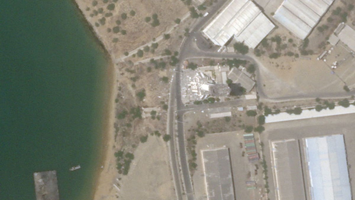 A satellite image shows damage at the control tower in the port of Chabahar, Iran,