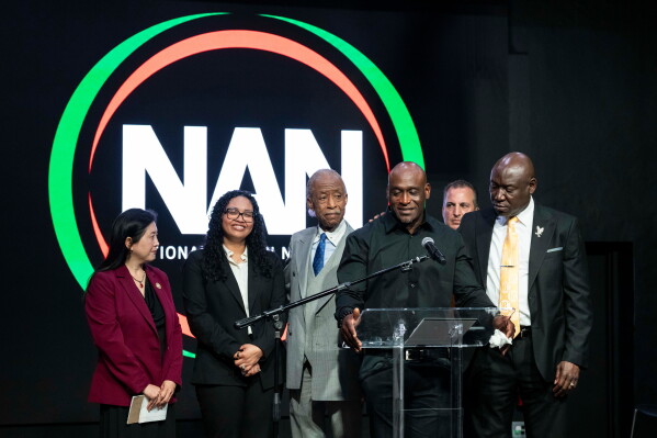Elmore Wonsley, father of Nolan Xavier Wells, speaks during a news conference at National Action Network headquarters, Friday, July 10, 2026, in New York. (AP Photo/Yuki Iwamura)