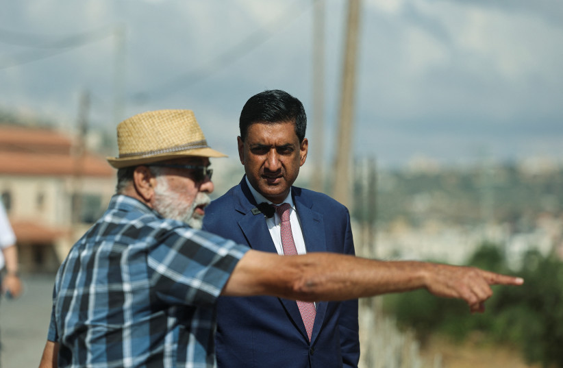 US Representative Ro Khanna (D-CA) speaks with a Palestinian resident of Turmus Ayya, near Ramallah, during a visit in the Israeli-occupied West Bank, July 9, 2026.