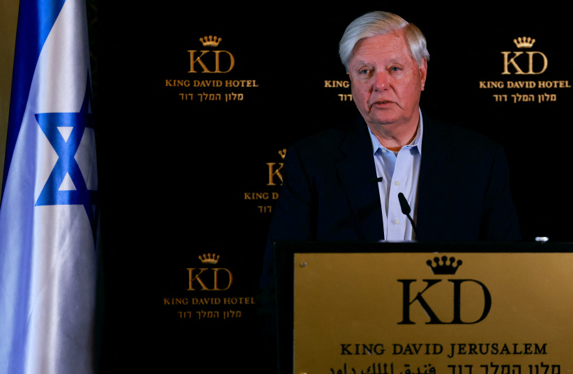 US Senator Lindsey Graham holds a press conference on the subject of the International Criminal Court’s decision to issue arrest warrants for Israeli Prime Minister Benjamin Netanyahu and former defense minister Yoav Gallant, in Jerusalem, November 27, 2024.