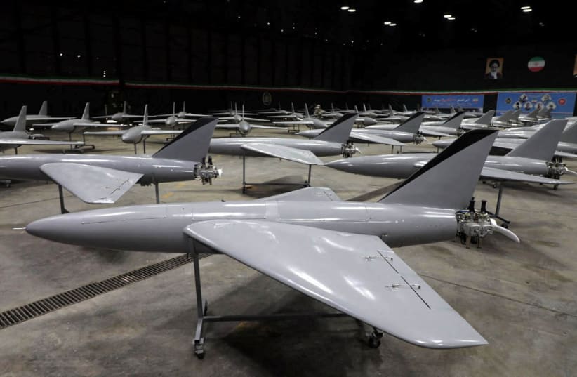  Iranian drones are displayed during a ceremony of the joining new drones to the Iranian Army's combat organisation in an undisclosed location in Iran, in this handout image obtained on January 13, 2025. 