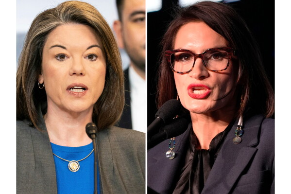 FILE - This photo combination shows Rep. Angie Craig, D-Minn., left, Jan. 15, 2026, in Washington and Minnesota Lt. Gov. Peggy Flanagan, Nov. 5, 2024, in St. Paul, Minn. (AP Photo/Allison Robbert, Abbie Parr, file)