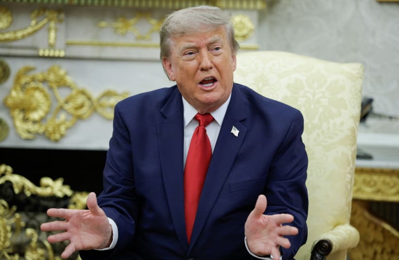 US President Donald Trump gestures as he participates in a bilateral meeting with Iraqi Prime Minister Ali al-Zaidi (not pictured) in the Oval Office at the White House in Washington, DC, US, July 14, 2026. 
