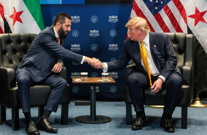 US President Donald Trump shakes hands with Syrian President Ahmed al-Sharaa during a bilateral meeting alongside the NATO leaders summit at the Bestepe Presidential Compound in Ankara, Turkey, July 8, 2026.