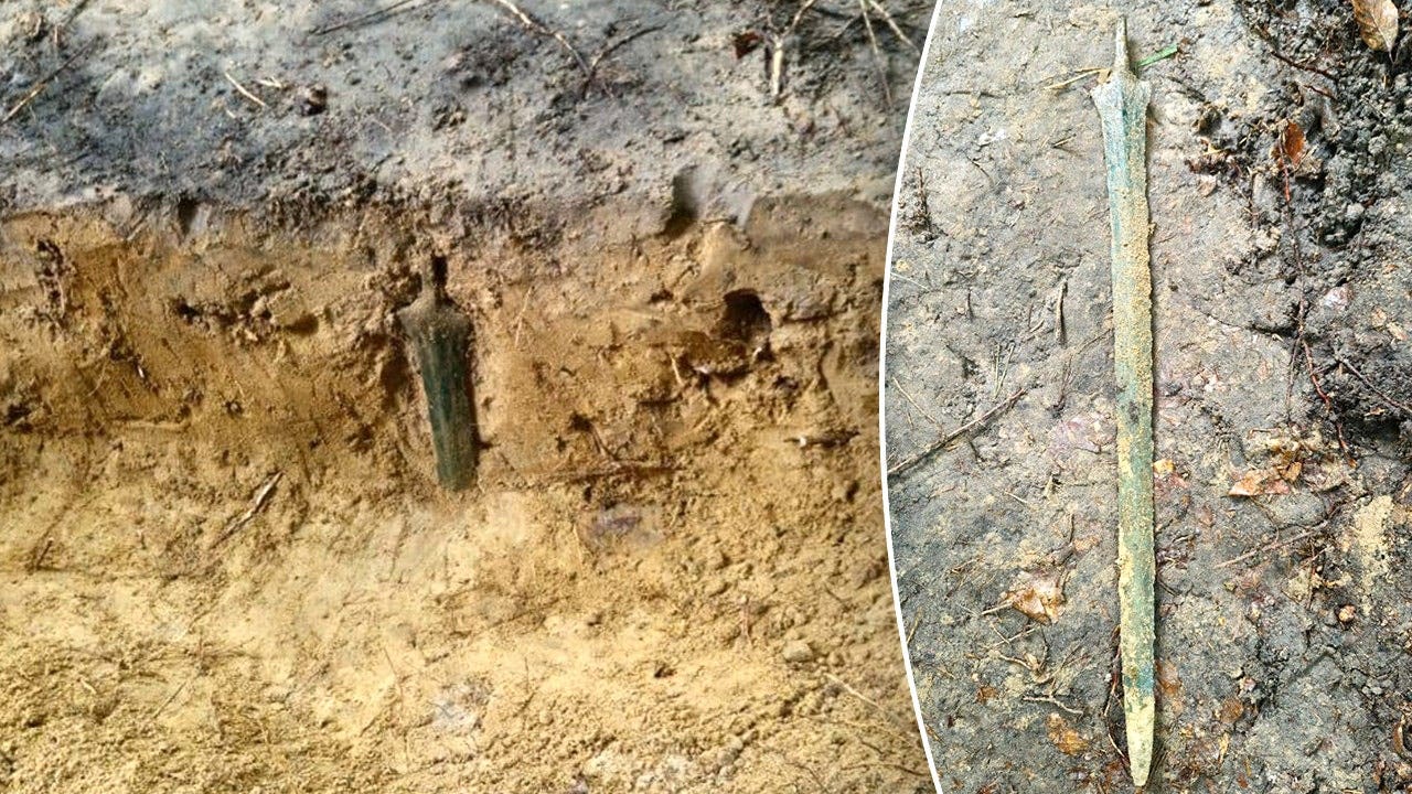 Metal detectorist finds 2,700-year-old bronze sword upright in Poland