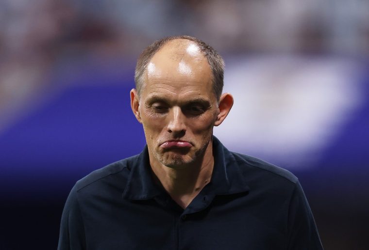 ATLANTA, GEORGIA - JULY 15: Thomas Tuchel, Manager of England, reacts during the FIFA World Cup 2026 Semi Final match between England and Argentina at Atlanta Stadium on July 15, 2026 in Atlanta, Georgia. (Photo by Ryan Pierse - FIFA/FIFA via Getty Images)