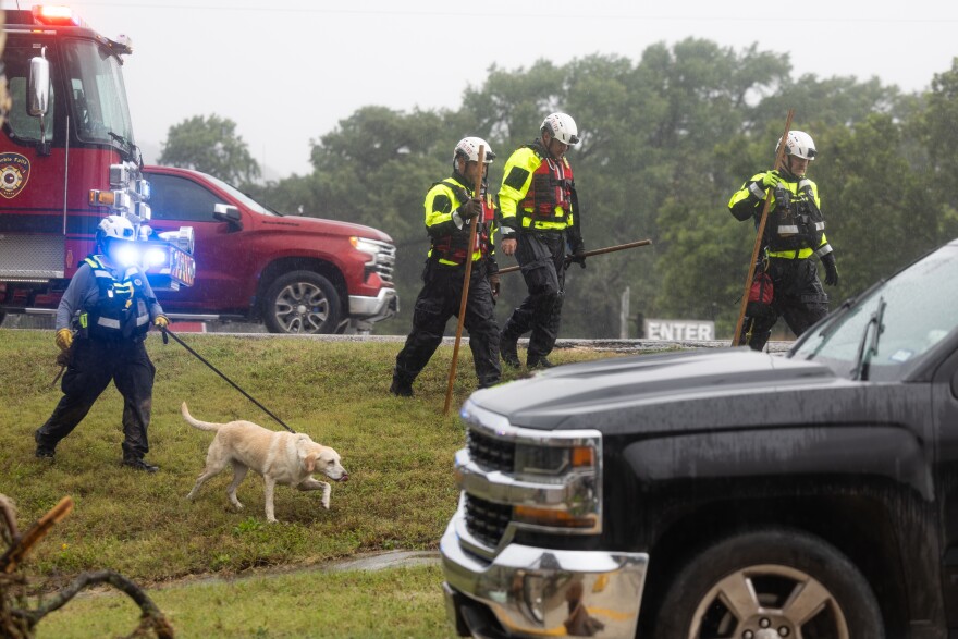 Search and rescue first responders, including a dog, walk across wet grass.