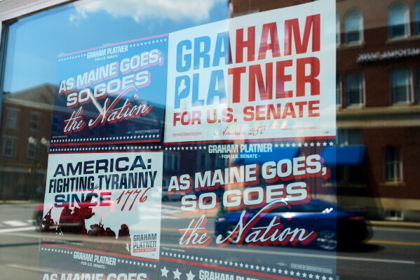 Campaign signs for former Democratic candidate for U.S. Senate Graham Platner are seen at his headquarters Thursday, July 9, 2026, in Ellsworth, Maine. (AP Photo/Robert F. Bukaty)