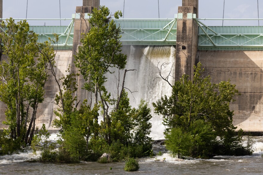 A floodgate opens and water spills out beyond a set of trees in water.