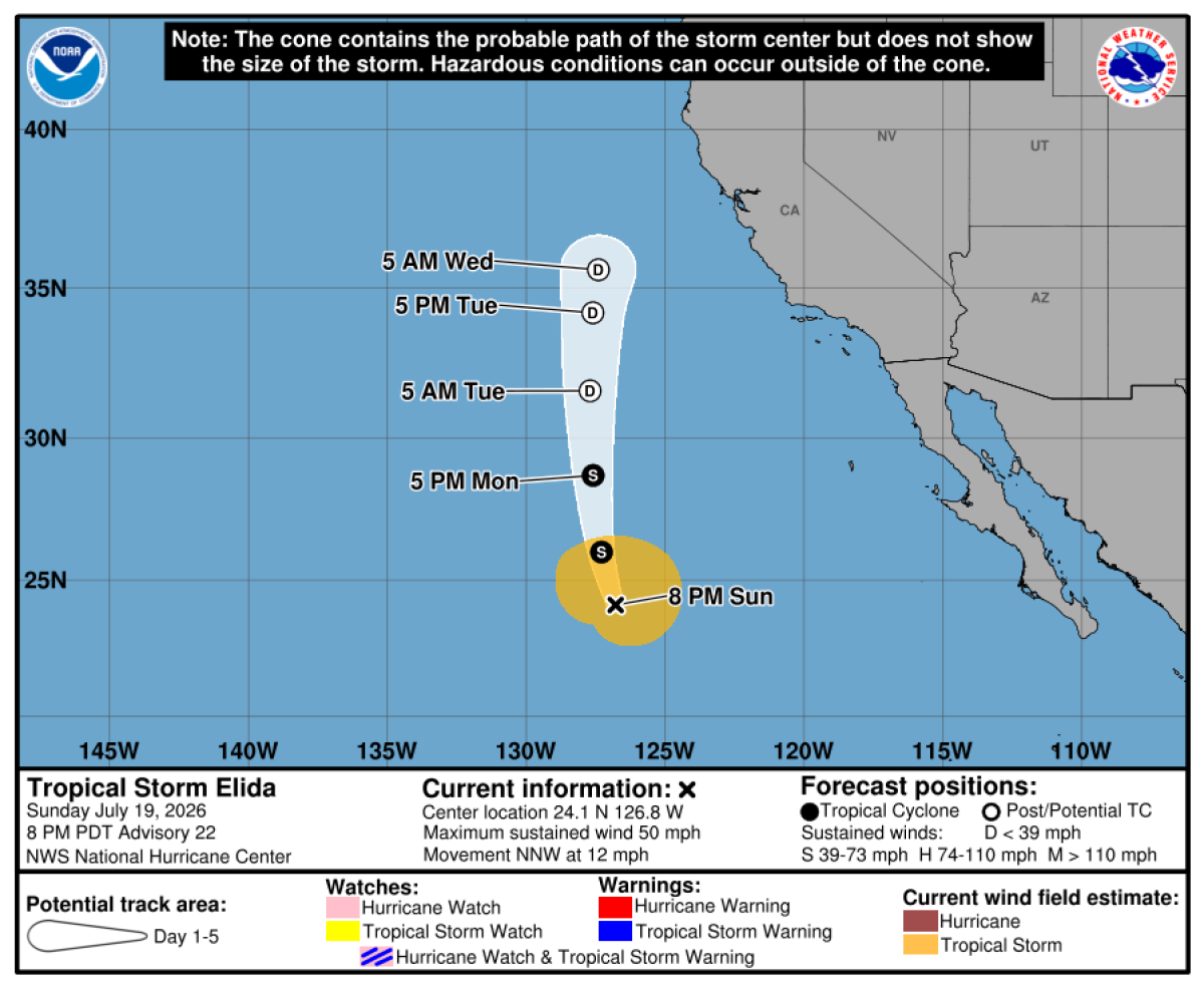 Tropical Storm Elida is expected to bring hazardous surf to Southern California beaches this week.