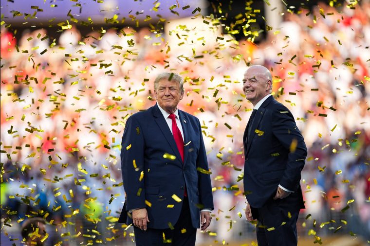 EAST RUTHERFORD, NEW JERSEY - JULY 19: US President Donald Trump and FIFA President Gianni Infantino look on as Spain celebrates after defeating Argentina in the FIFA World Cup 2026 Final at New York New Jersey Stadium on July 19, 2026 in East Rutherford, New Jersey. Spain defeated reigning World Cup champions Argentina, who were led by Lionel Messi, with the lone goal coming from Ferran Torres #7 in the 106th minute of extra time. (Photo by Andrew Harnik/Getty Images) ***BESTPIX***