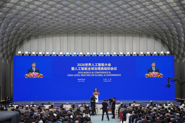 Chinese President Xi Jinping speaks at the opening ceremony for the World AI Conference in Shanghai, Friday, July 17, 2026. (AP Photo/Ng Han Guan, Pool)