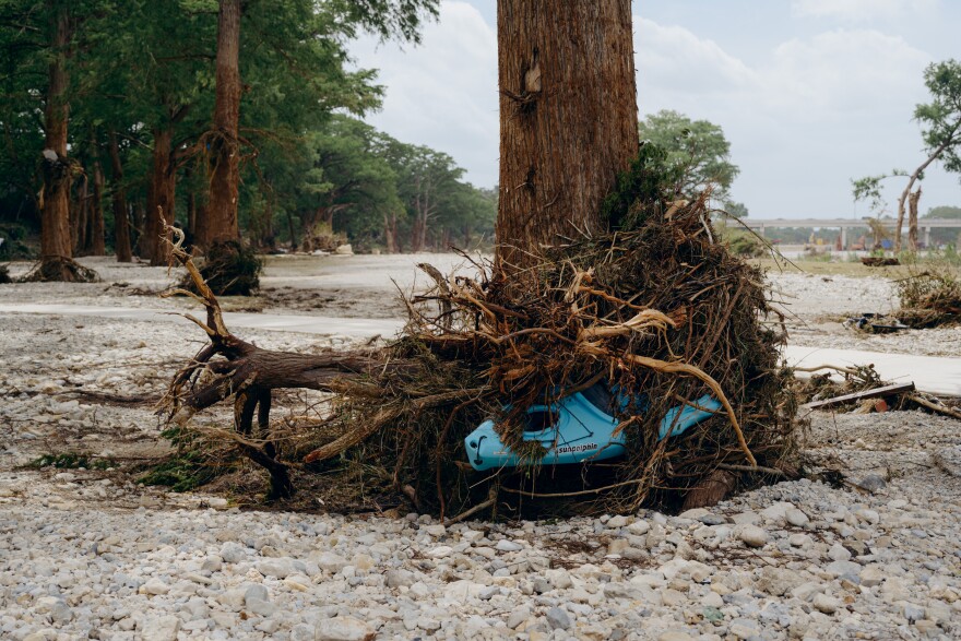 A kayak mixed with tree limbs sits up against a tree.