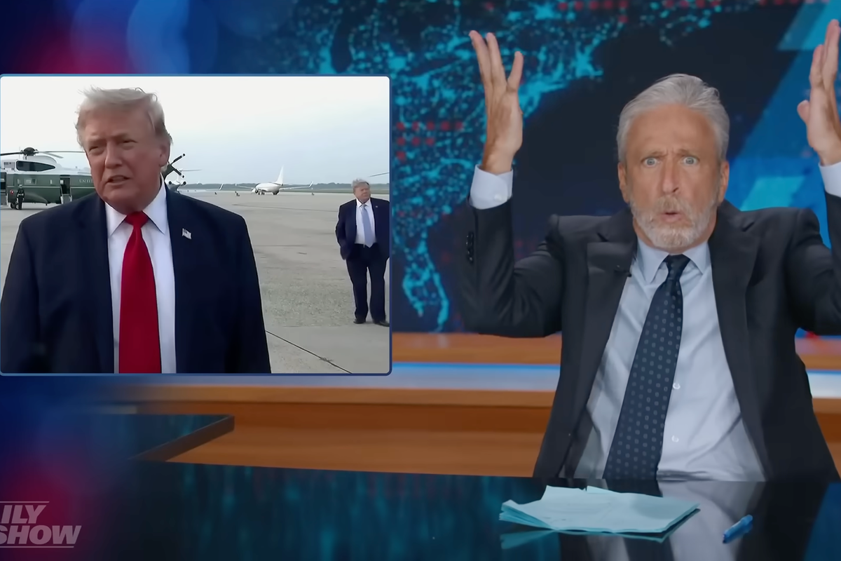 ‘Back-up Trump’? Jon Stewart ponders mysterious lookalike standing behind president on tarmac