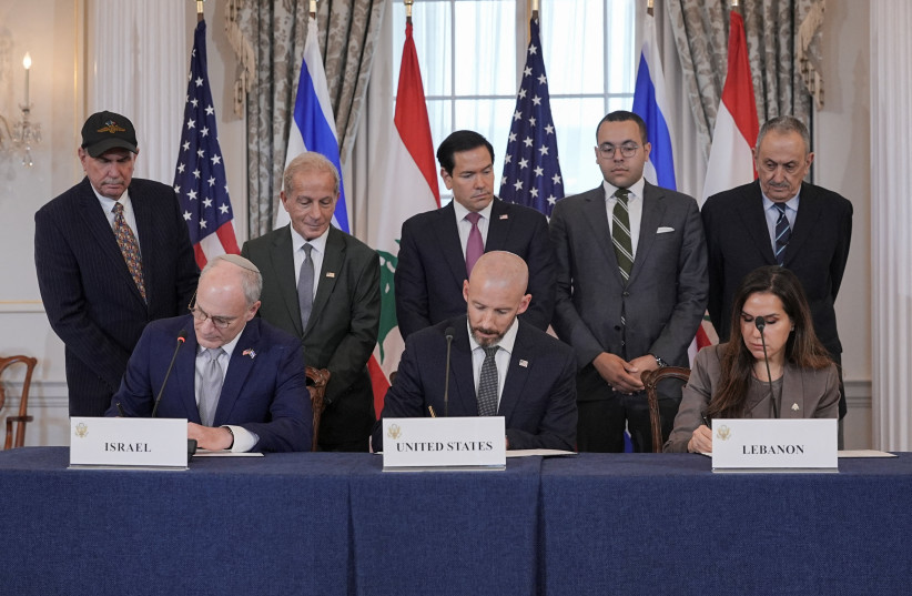 US Secretary of State Marco Rubio looks on as State Department Counselor Daniel Holler, Israel's Ambassador to the US Yechiel Leiter and Lebanon's Ambassador to the US Nada Hamadeh sign a framework agreement between Israel and Lebanon, at the State Department in Washington, DC, US, June 26, 2026.