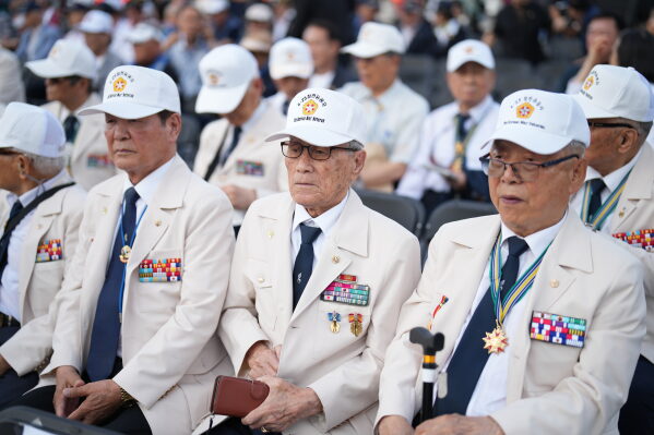 Korean War veterans attend during a ceremony to mark the 76th anniversary of the outbreak of the Korean War in Seoul, South Korea, Tuesday, June 23, 2026. (AP Photo/Lee Jin-man)