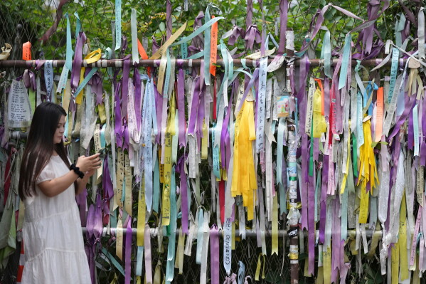 A visitor looks at her smartphone near the wire fence decorated with ribbons written with messages wishing for the reunification of the two Koreas and visitors' wish at the Imjingak Pavilion in Paju, South Korea, Saturday, July 4, 2026. (AP Photo/Lee Jin-man)