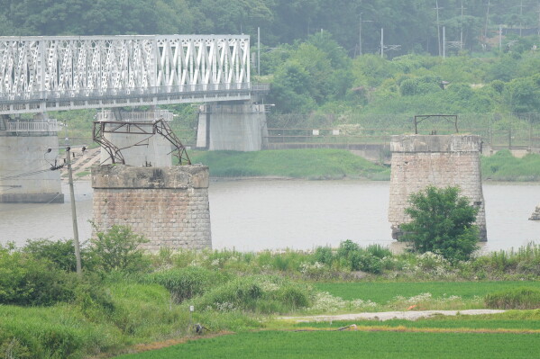 A bridge that was destroyed during the Korean War, is seen in Paju, South Korea, Saturday, July 4, 2026. (AP Photo/Lee Jin-man)