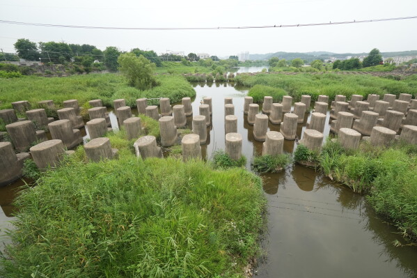 Anti-tank barriers are placed in a stream in Goyang, South Korea, Thursday, July 2, 2026. (AP Photo/Lee Jin-man)