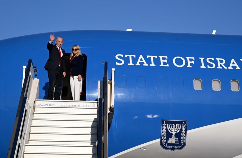  Illustrative: Prime Minister Benjamin Netanyahu and his wife Sara seen boarding the Wing of Zion ahead of a trip to the United States, July 6, 2025