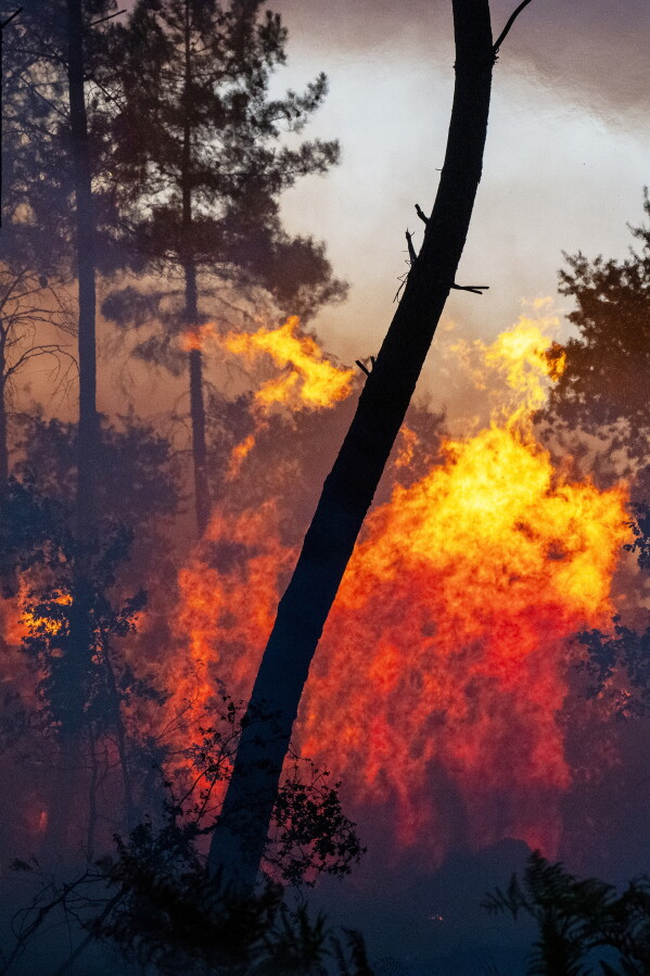 Wildfires advances near Le Proge region, western France, Thursday, July 23, 2026. (AP Photo/Caroline Blumberg)