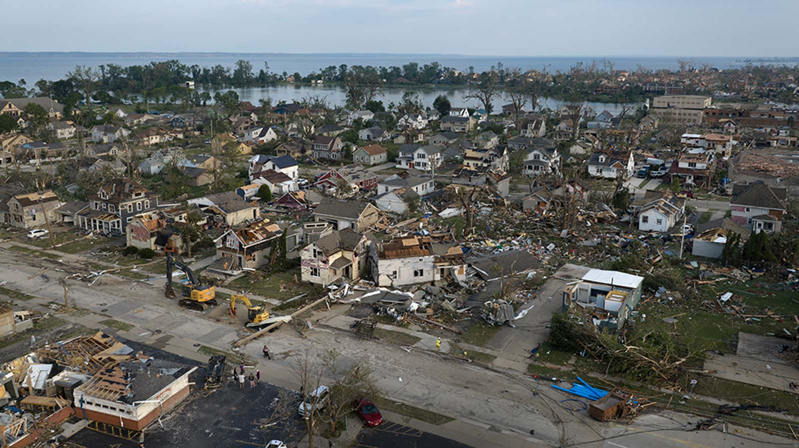 An aerial view shows the widespread damage left by a tornado that roared through Menasha, Wisconsin, on Monday, July 27, 2026.