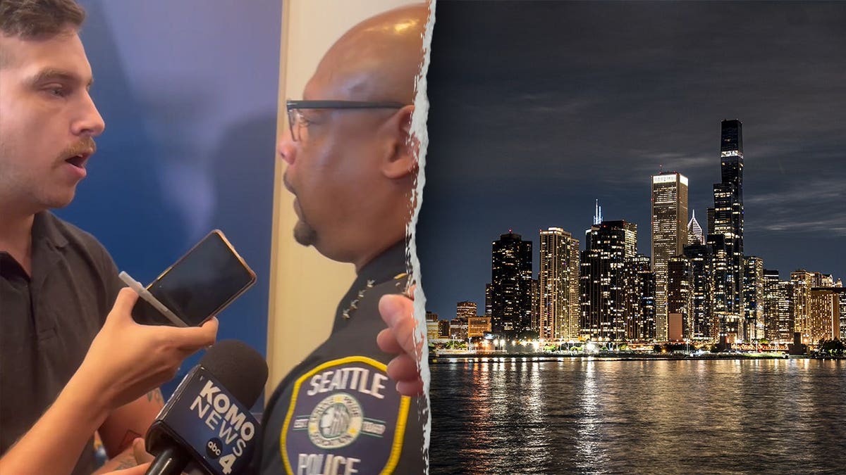 Split image showing a reporter holding a KOMO News 4 microphone toward Seattle Police Chief Shon Barnes, who wears a Seattle Police uniform, on the left, and the Chicago skyline lit up at night over the water on the right.